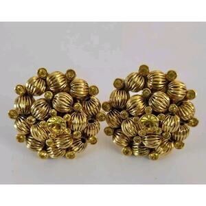 Vintage Joan Rivers Dome Cluster Rhinestone Gold Tone Bead Clip On Earrings